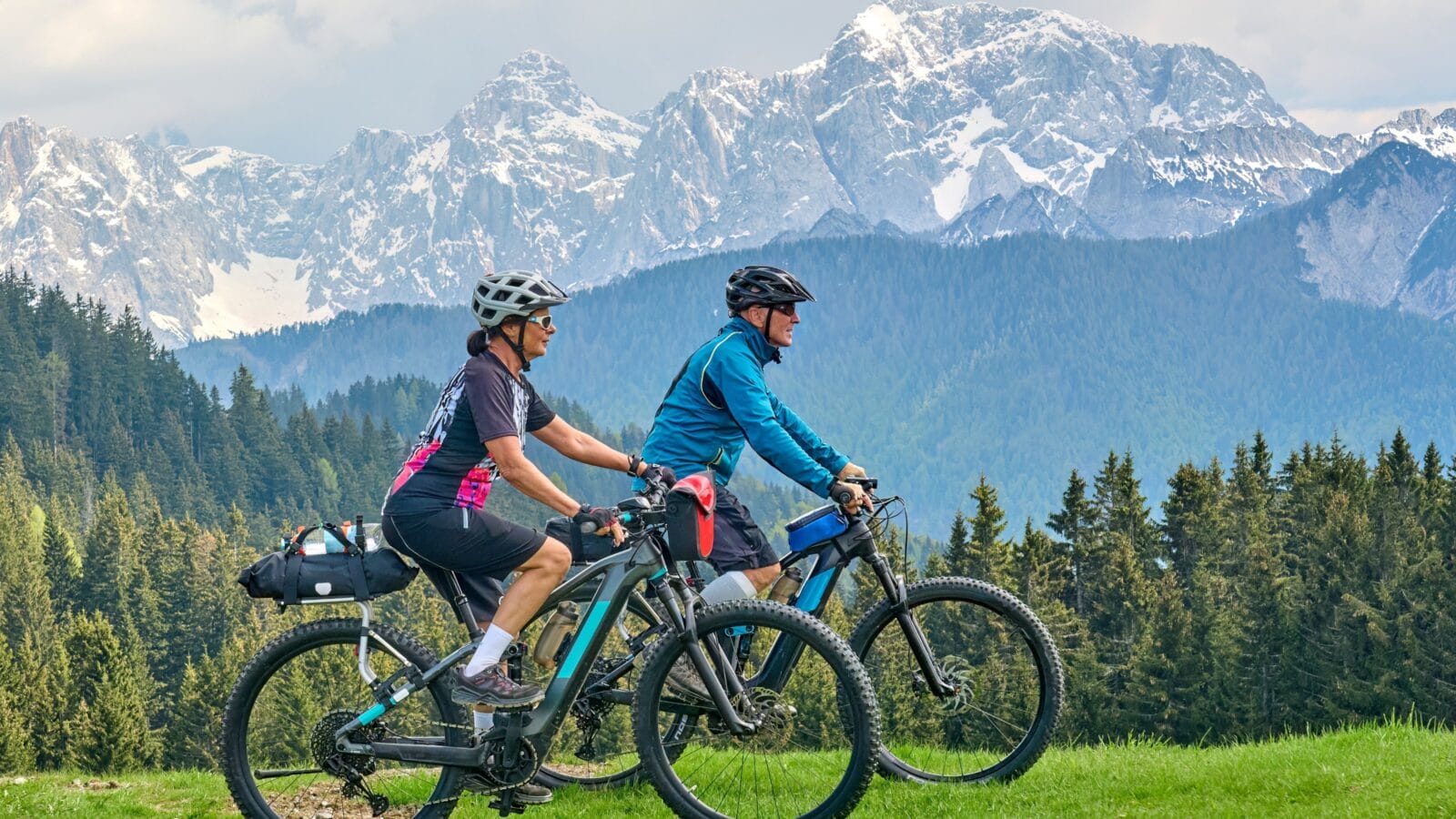 Couple mountain biking in Slovenia.