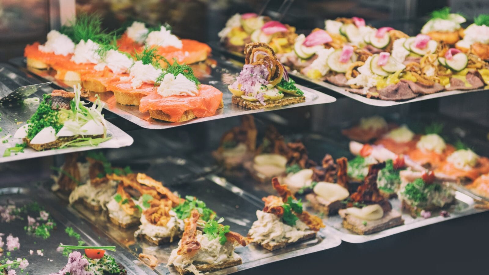 Smorrebrod at market in Copenhagen, Denmark.
