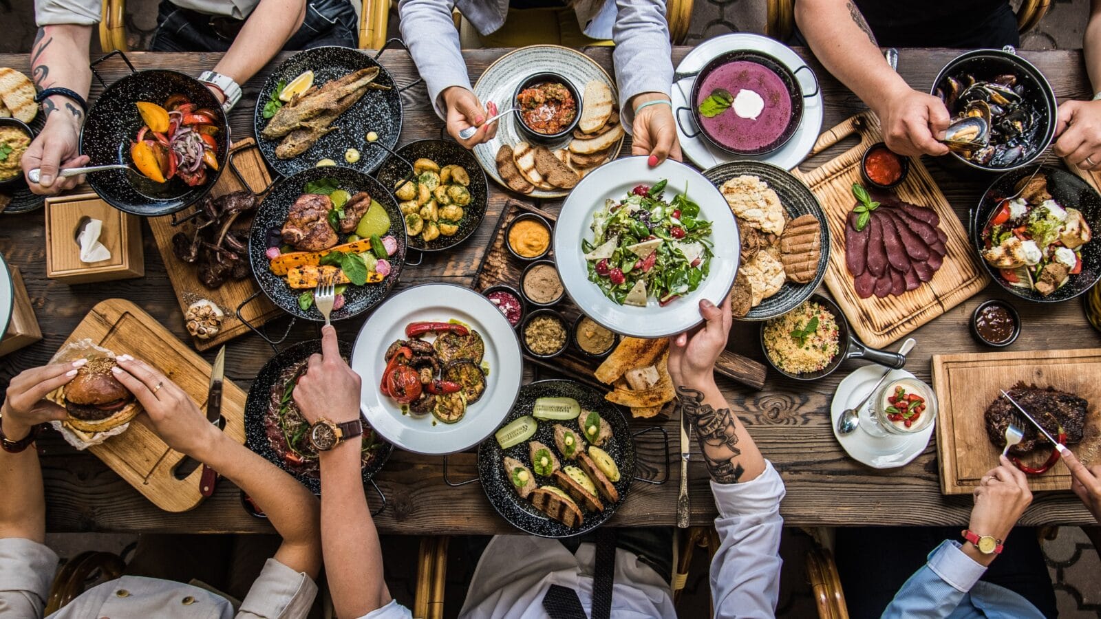 Tabletop covered in food