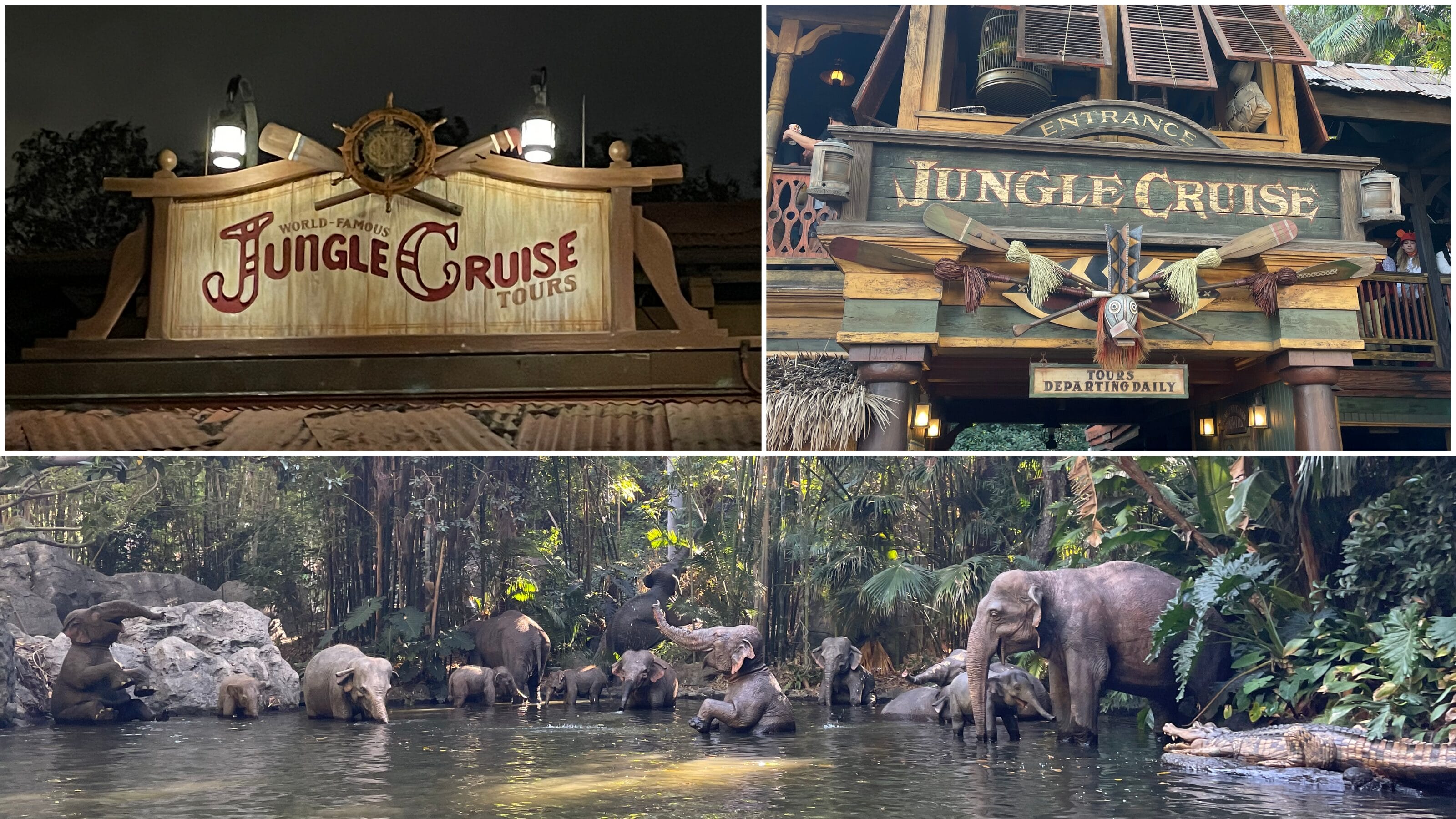 Jungle Cruise Signs at Walt Disney World and Disneyland above water from the ride