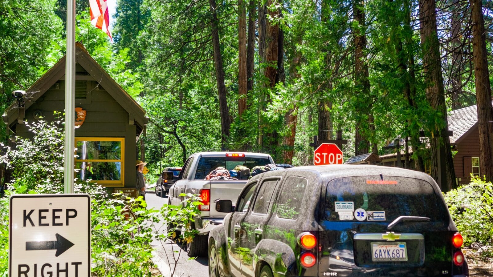 Cars waiting to enter Yosemite National Park.
