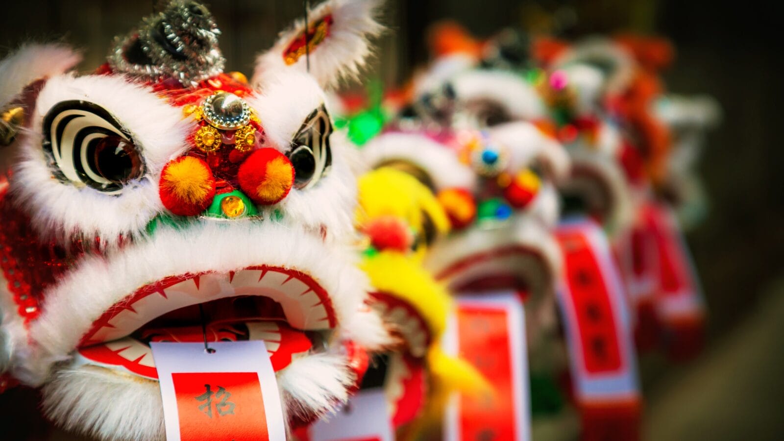 Traditional colorful chinese lion, Chinese paper means: good fortune.