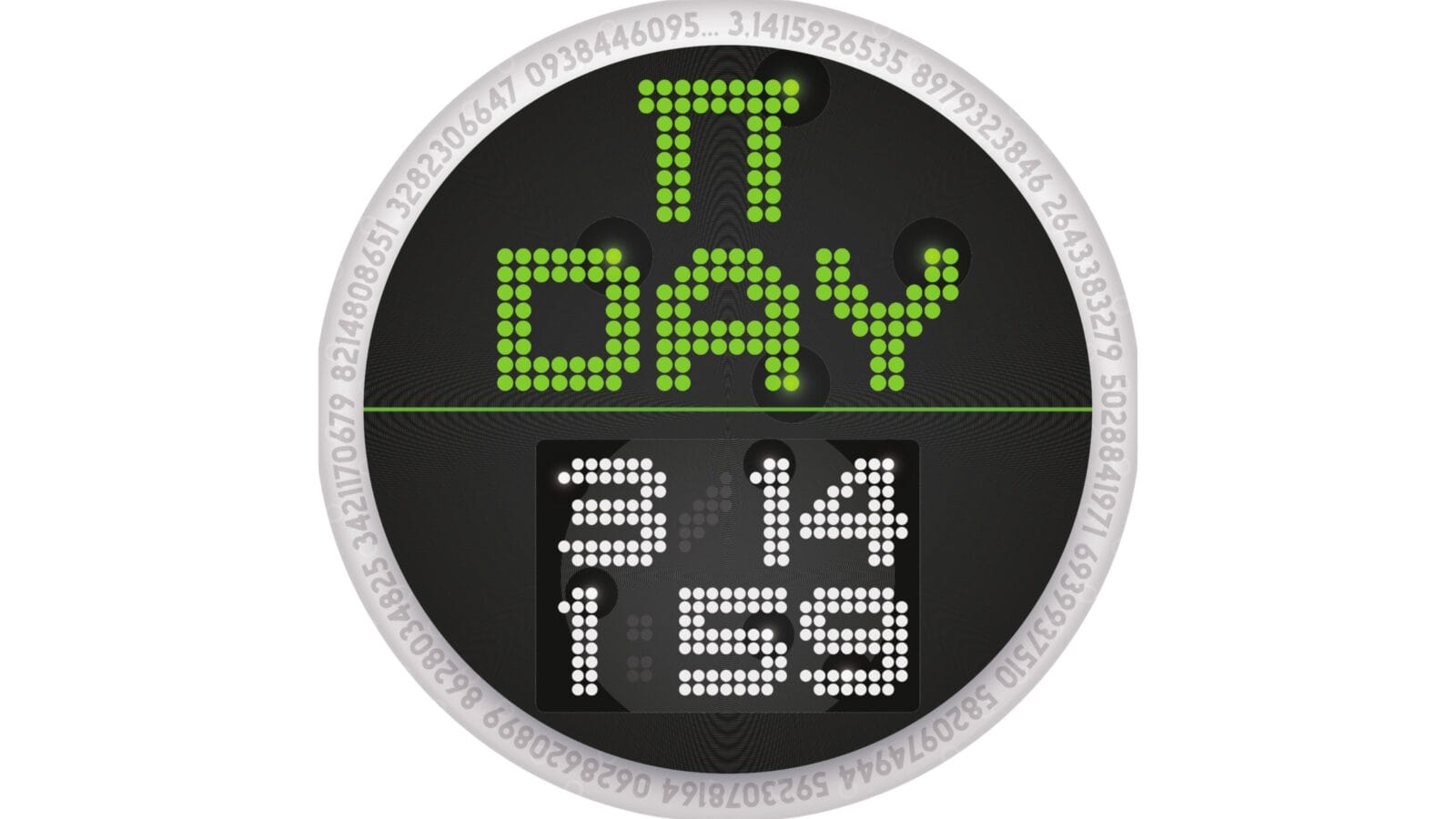 Rounded digital clock with pi value in the display to celebrate Pi Day
