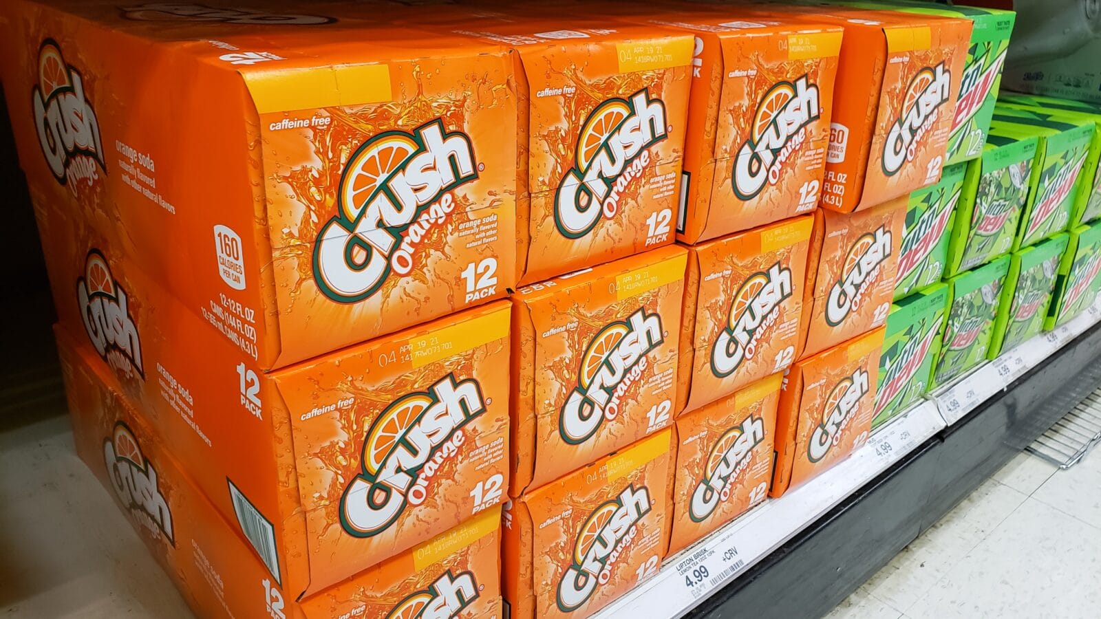 A view of several cases of Orange Crush soda, on display at a local grocery store.