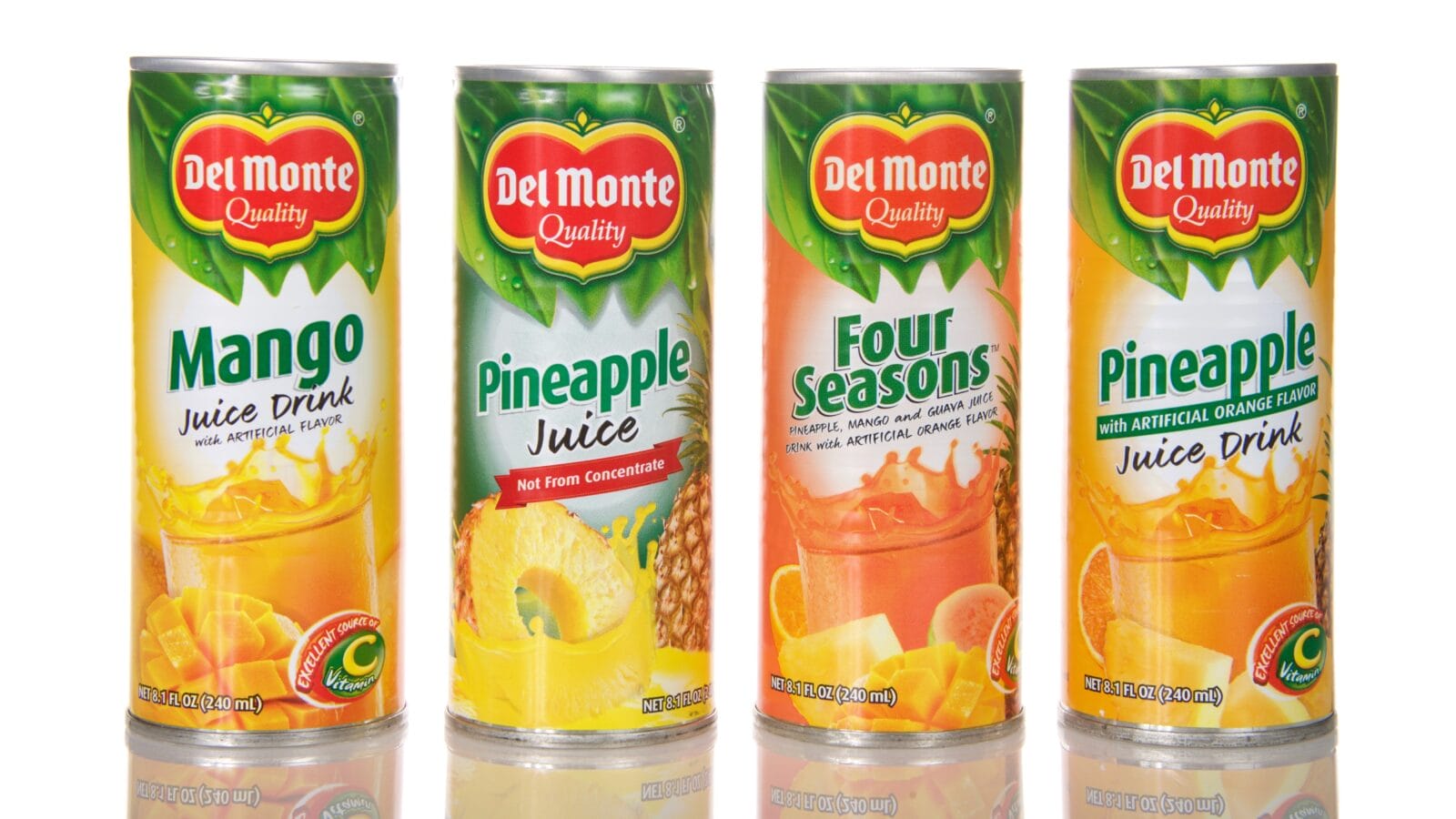 A different cans of Del Monte juices.