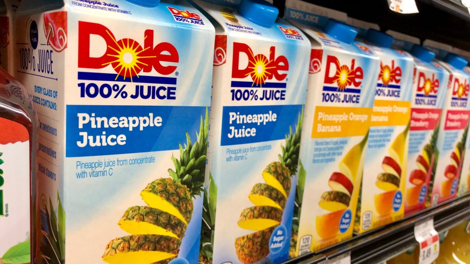 Dole 100% Juice cartons, pineapple and pineapple blends.
