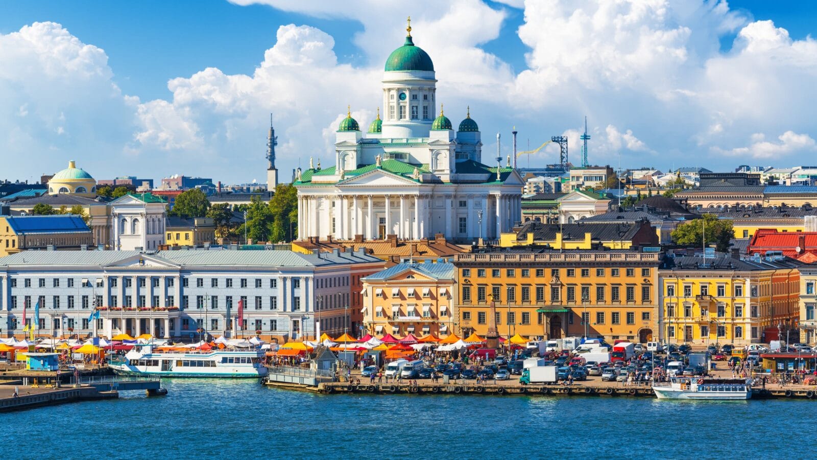 Panorama of the Market Square (Kauppatori) at the Old Town pier in Helsinki, Finland