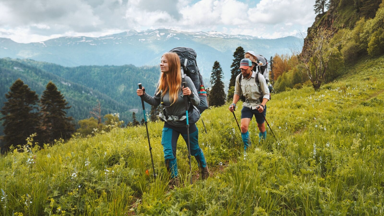 A couple hiking in the mountains.