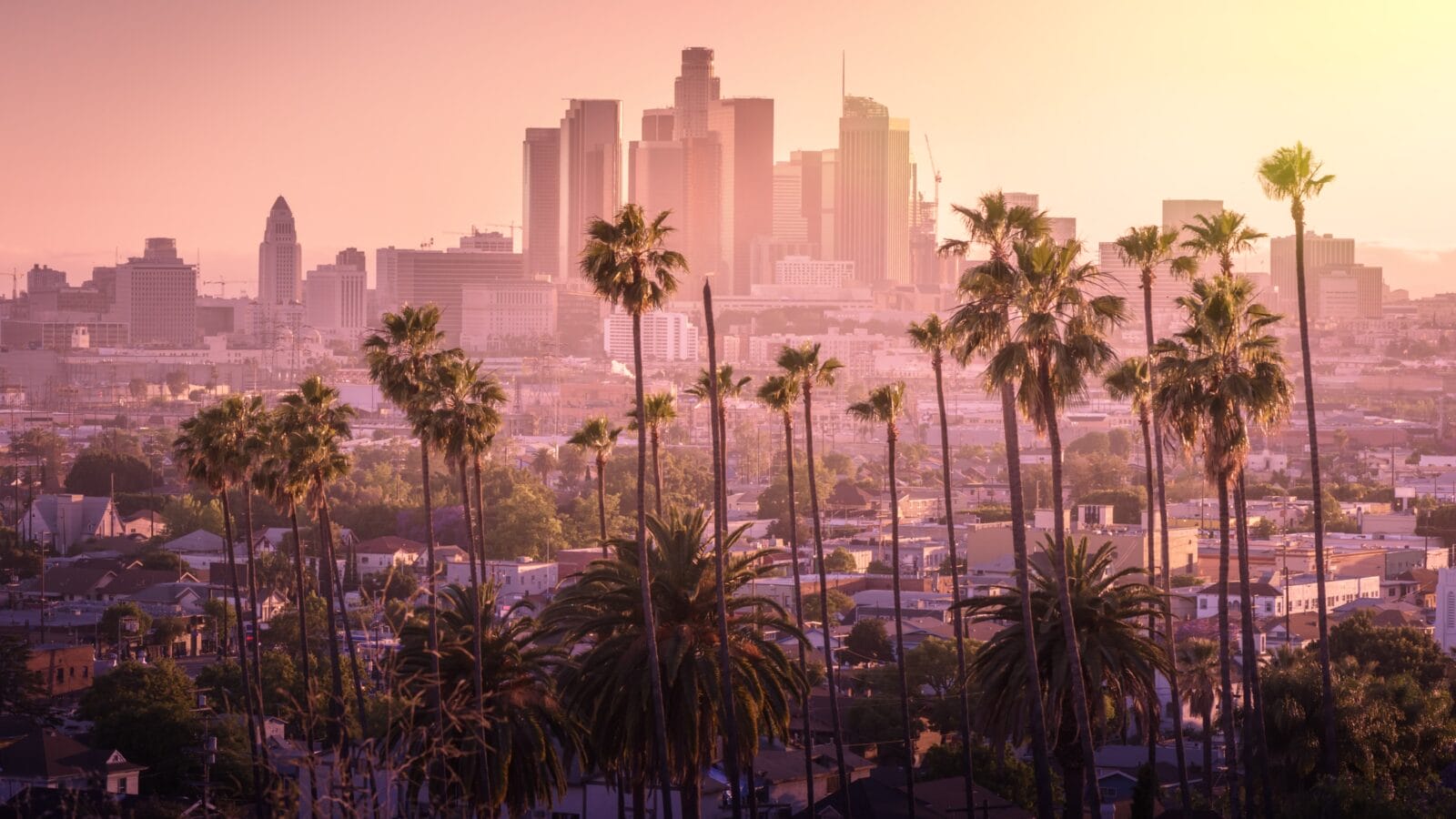 Beautiful sunset of Los Angeles downtown skyline.