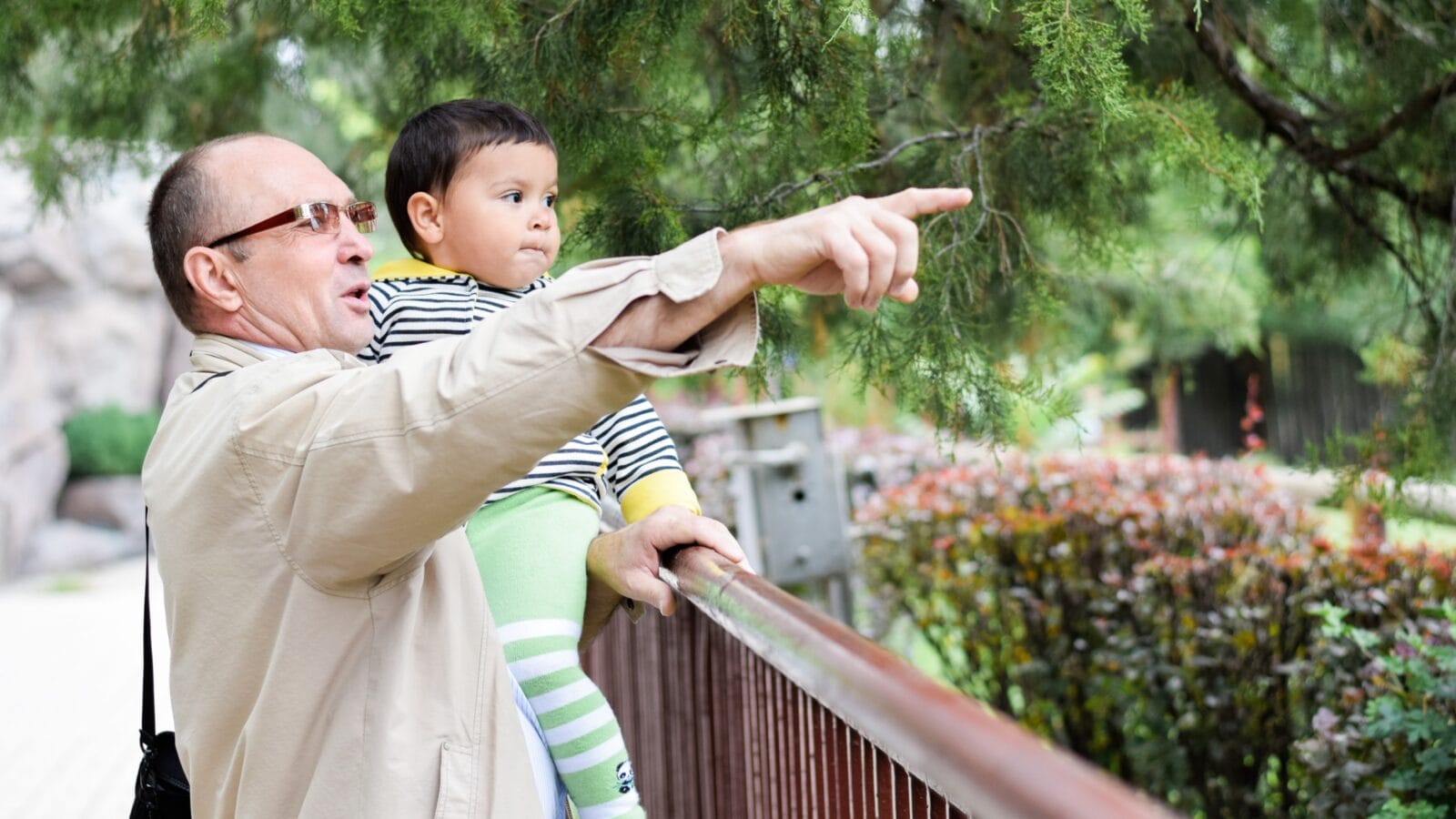 Grandfather and little grandson in the zoo.