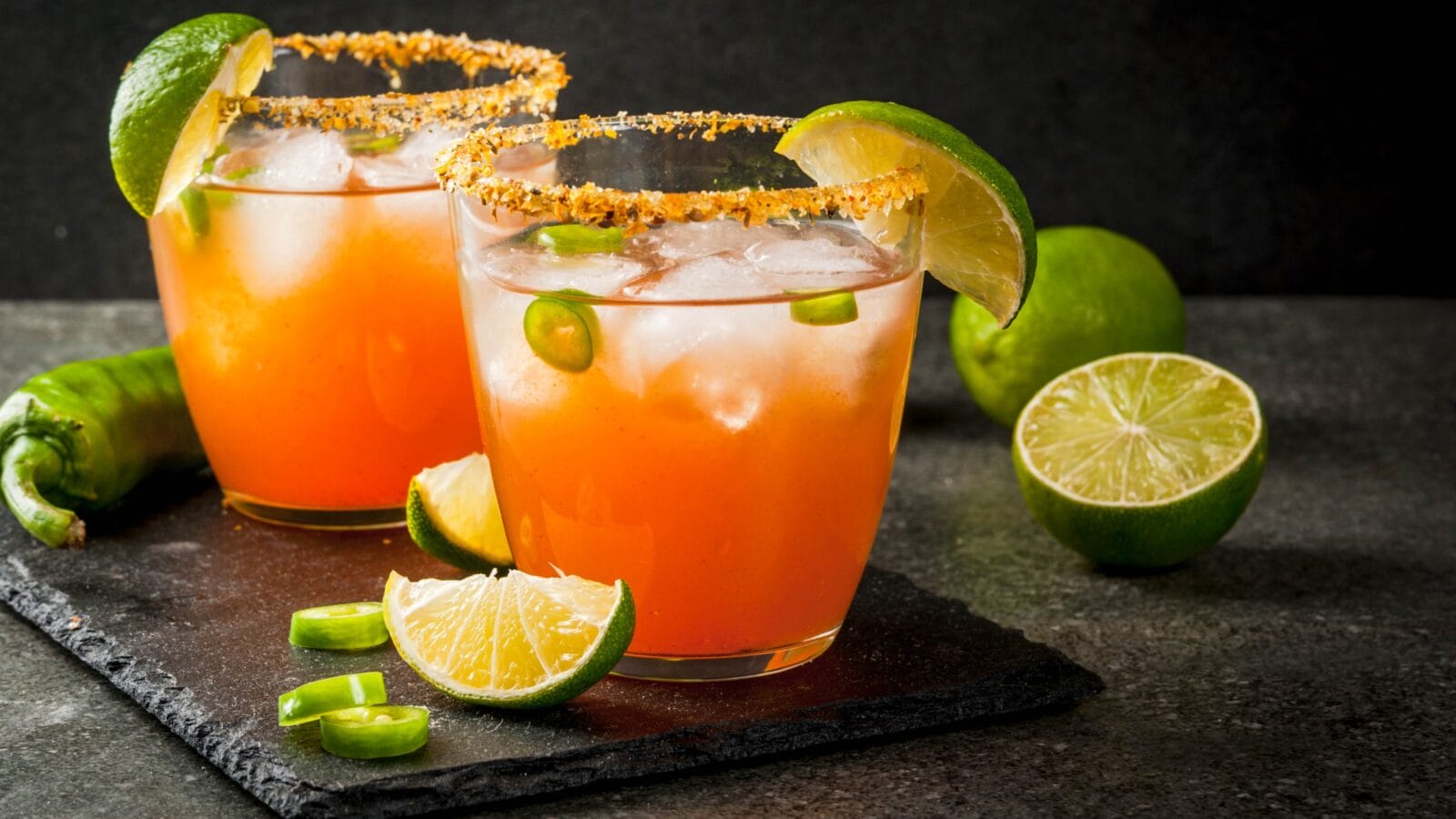 Spicy michelada with hot jalapeno peppers and lime.