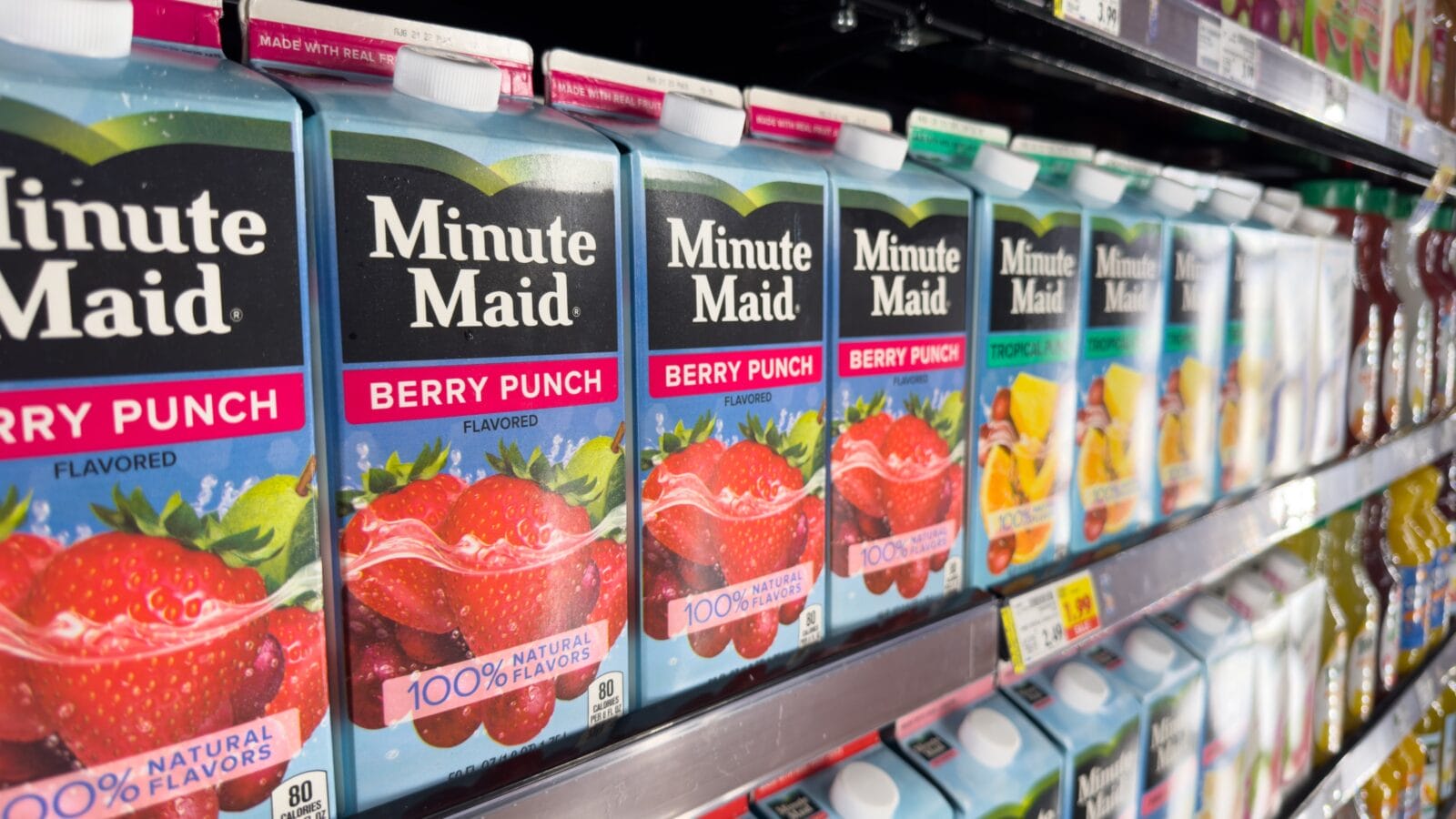 A view of several cartons of Minute Maid juice, on display at a local grocery store.