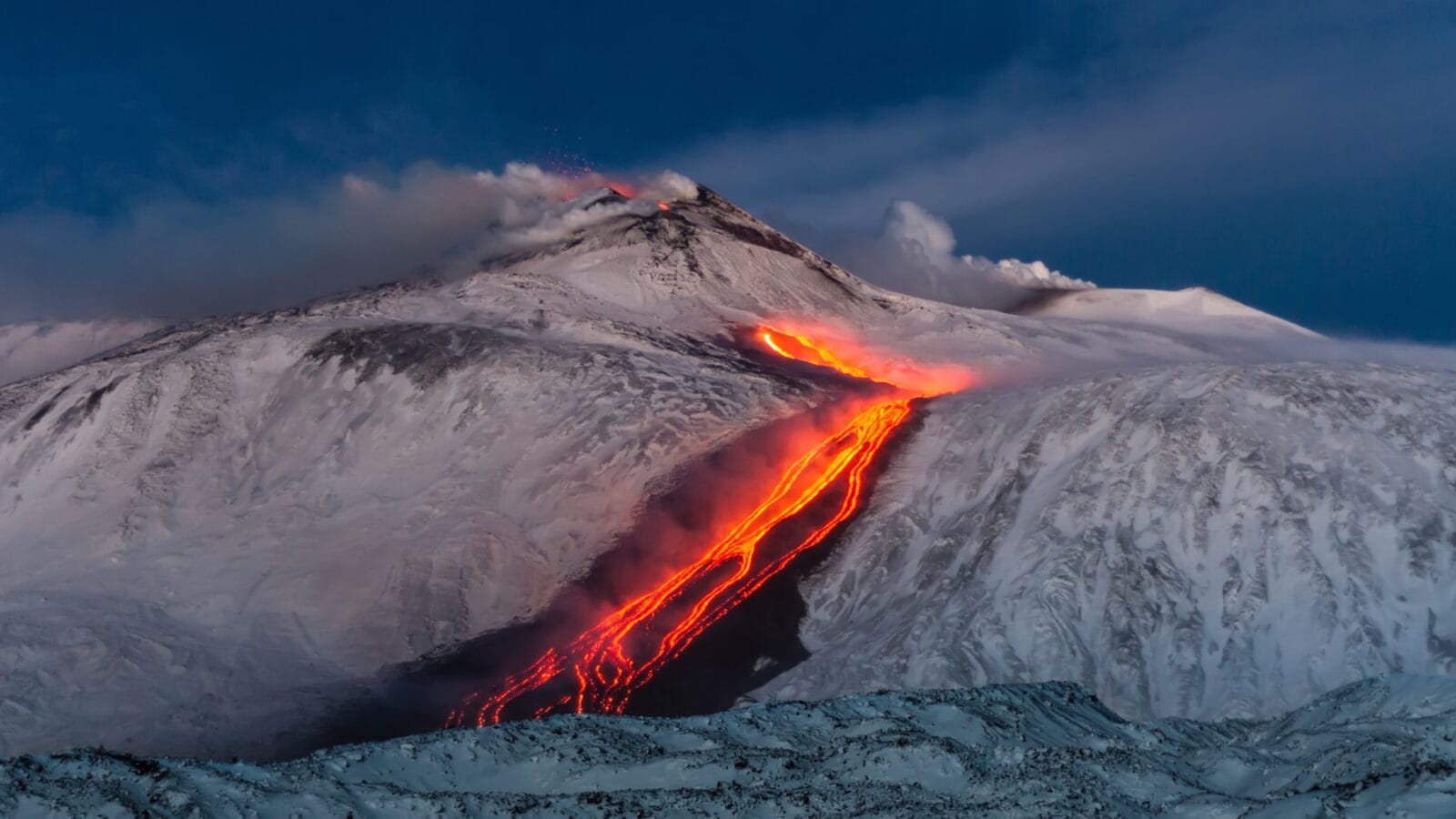Volcano Etna Eruption - lava flow through the snow