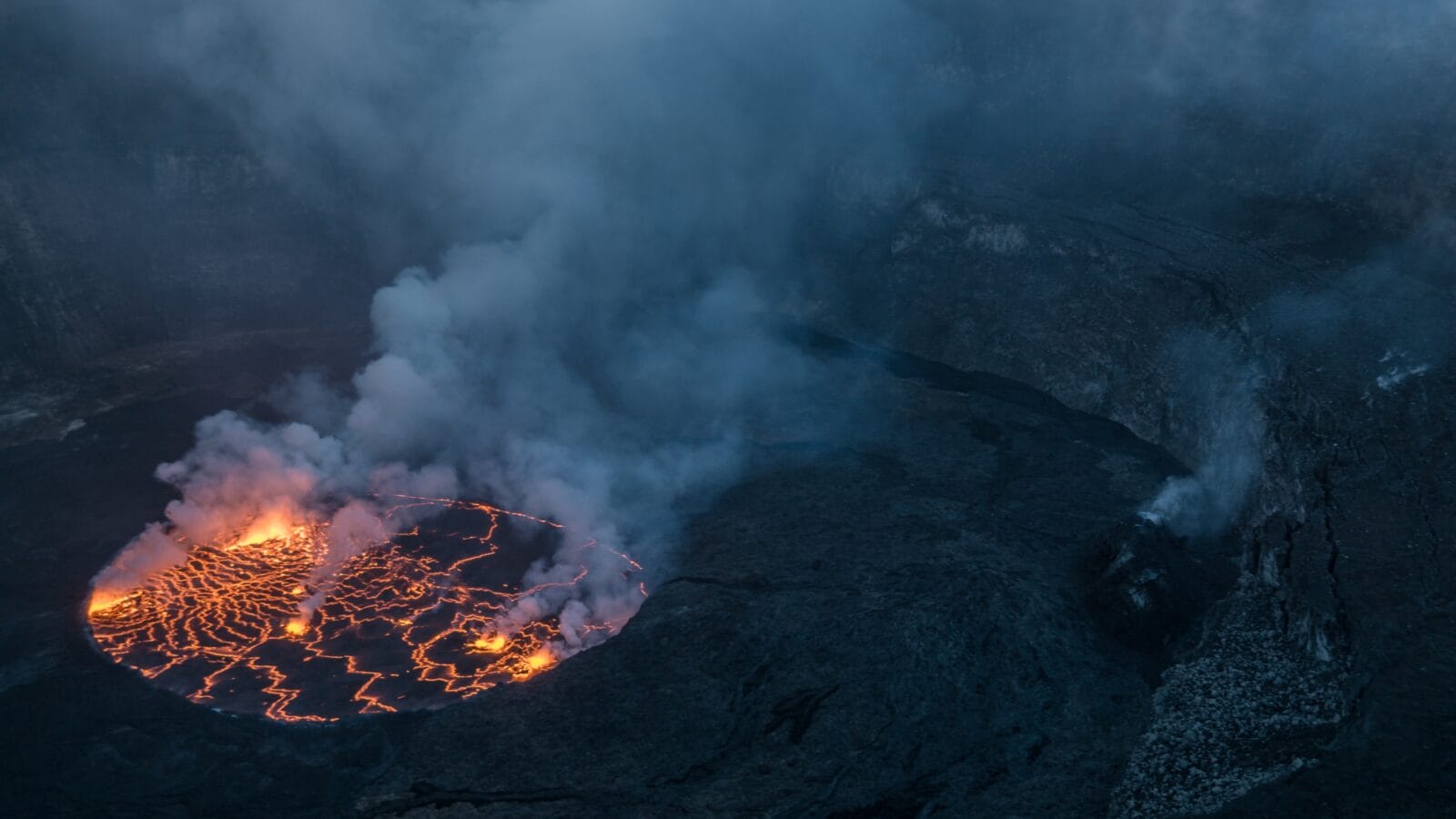 Lake of lava in Africa, Democratic Republic of Congo, Virunga National Park, Nyiragongo volcano
