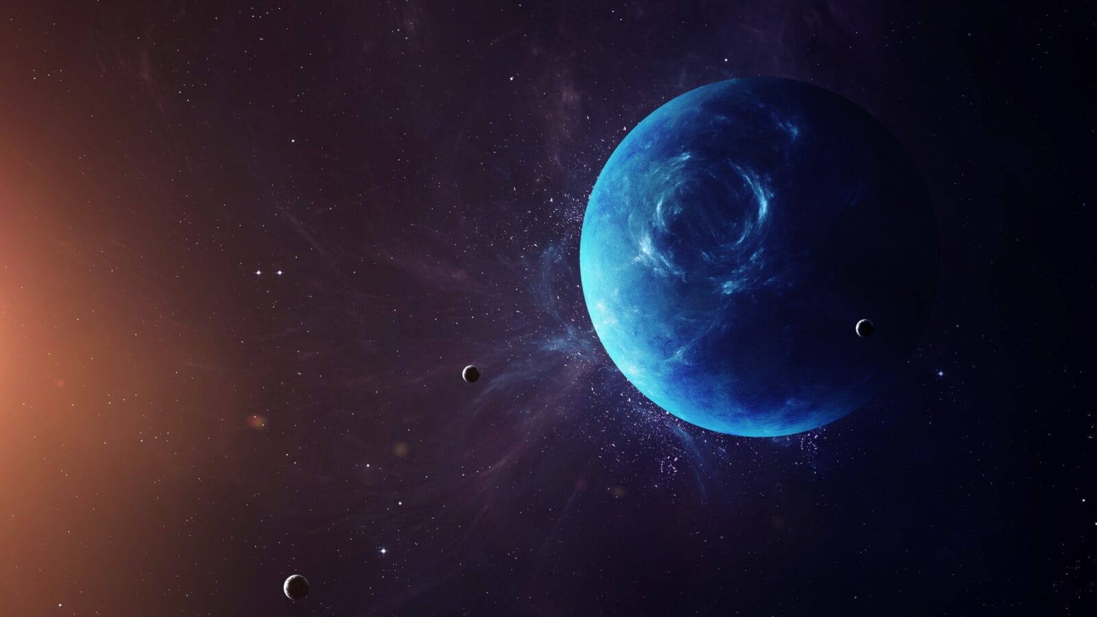 The Neptune with moons shot from space.