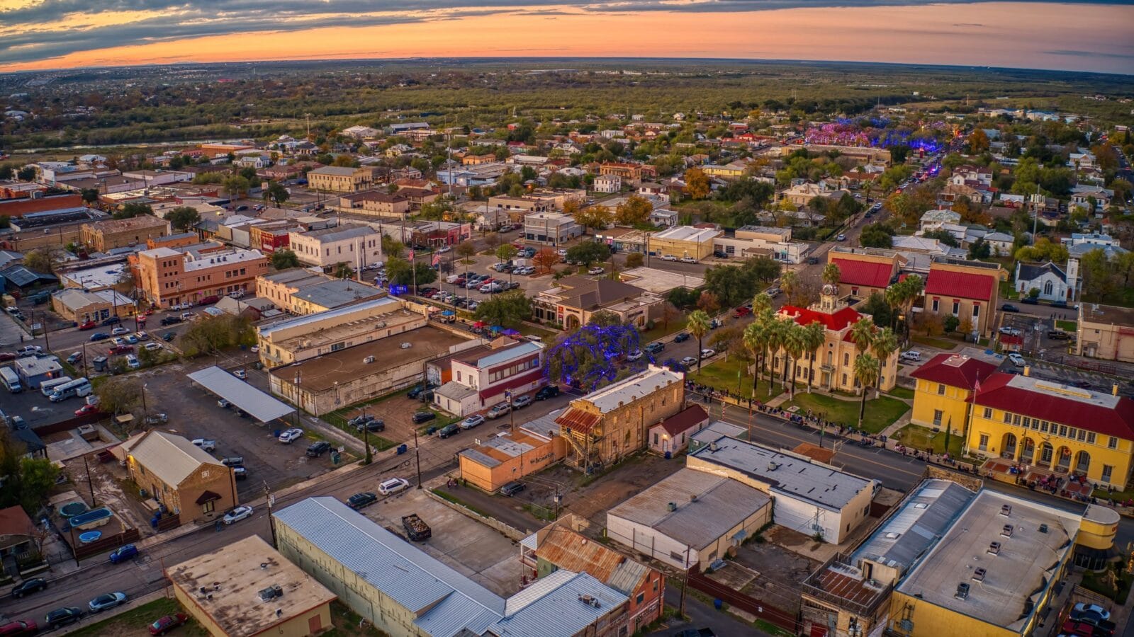 Aerial View of the popular Border Towns of Eagle Pass, Texas and Piedras Negras, Coahuila at Sunset