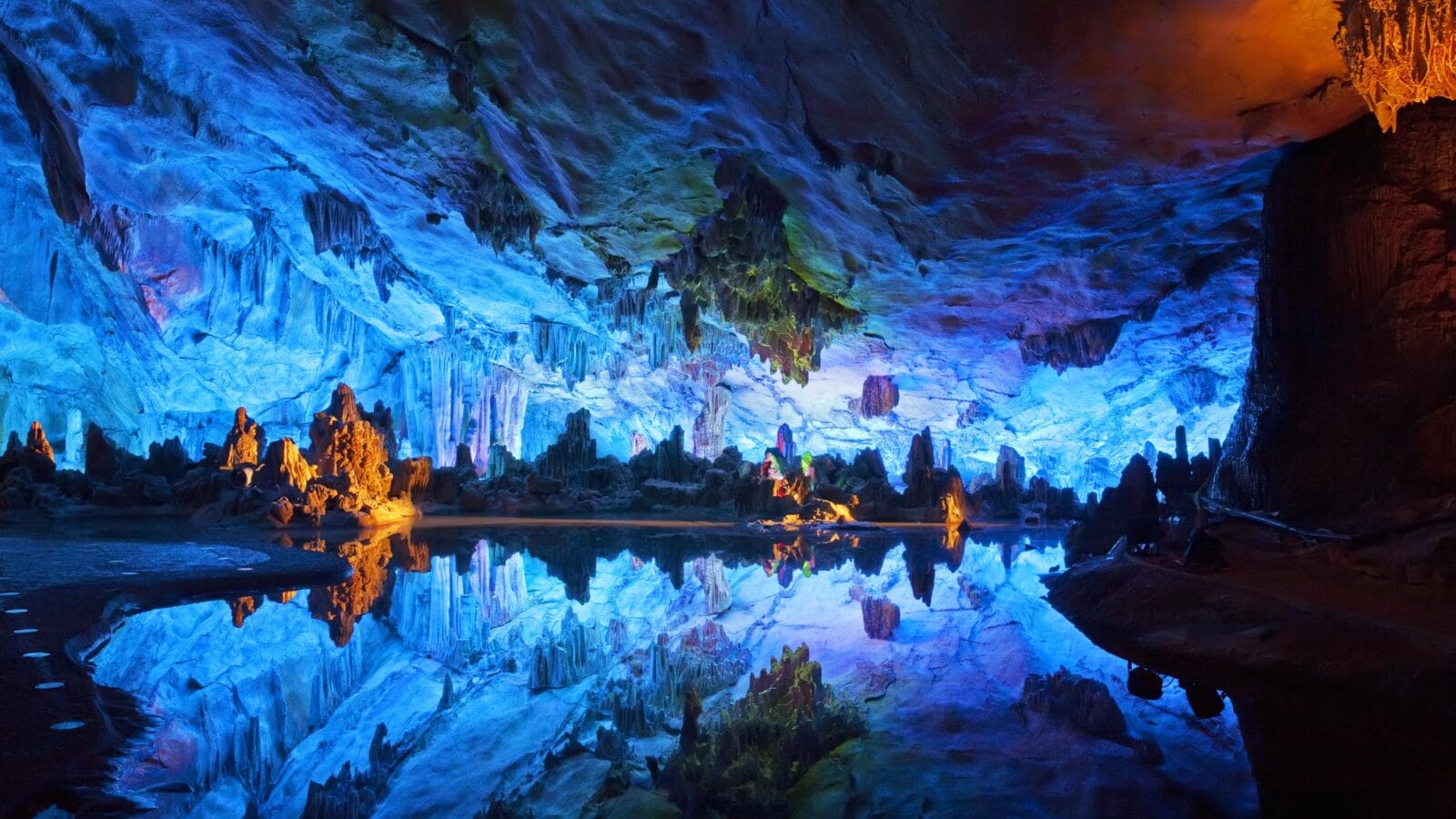 The beautifully illuminated Reed Flute Caves in China.