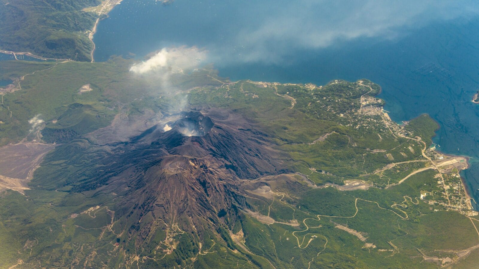 Bird eye view of Sakurajima volcano.