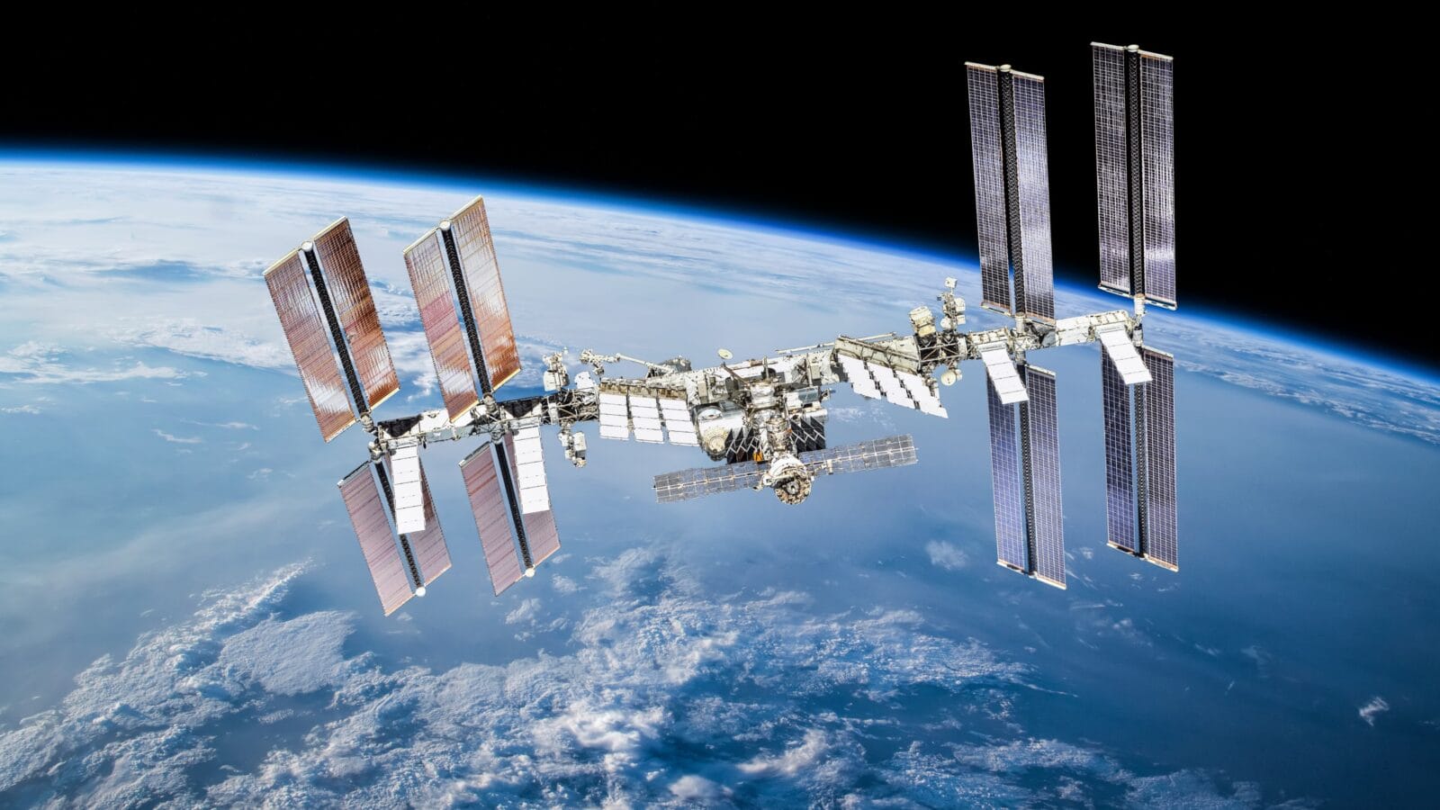 International space station on orbit of Earth planet.