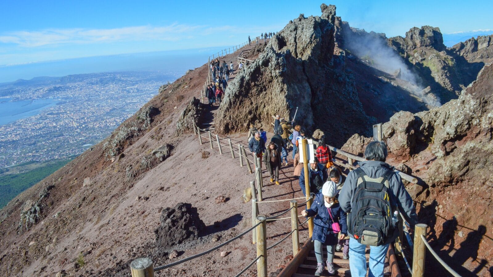 Tourists visiting Mount Vesuvius volcano.