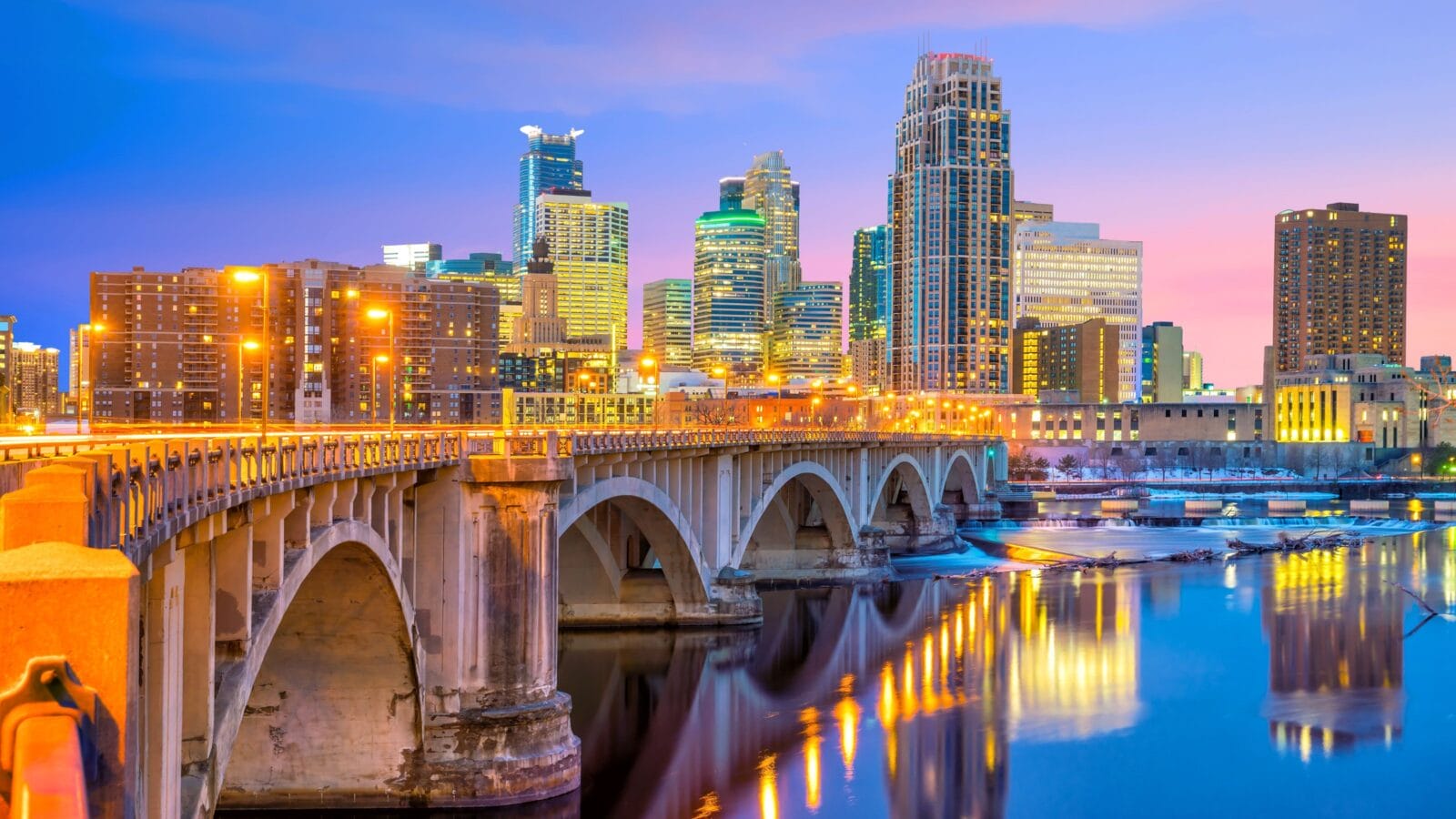 Minneapolis downtown skyline in Minnesota, USA at sunset