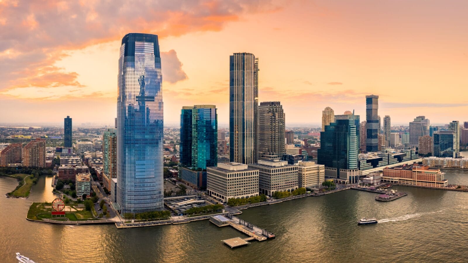 Aerial panorama of Jersey City skyline at sunset