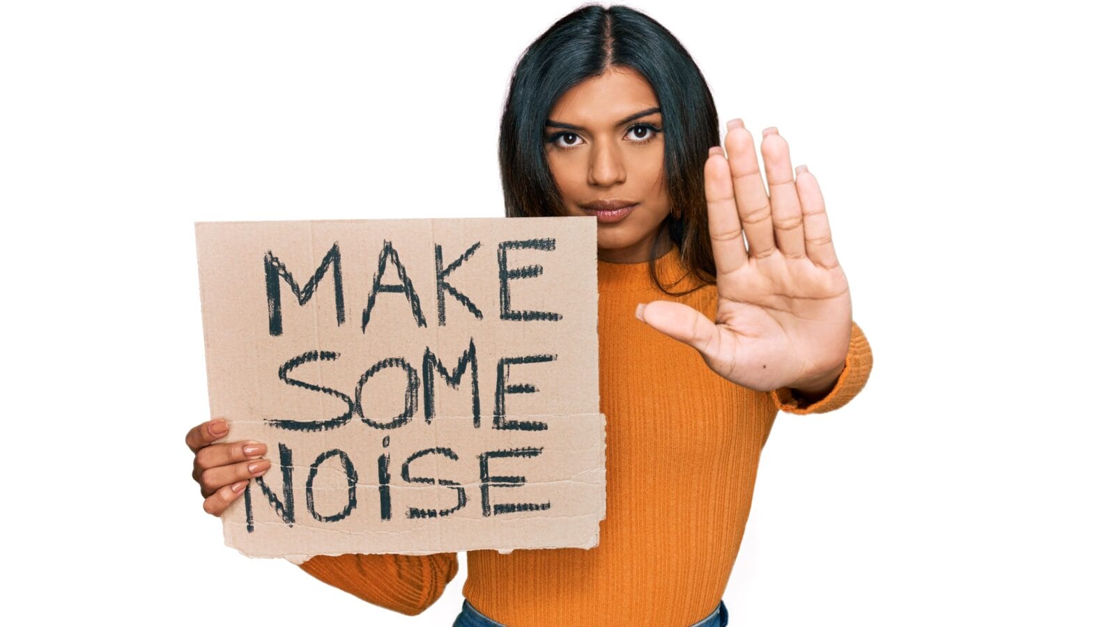 Young latin transsexual transgender woman holding make some noise banner