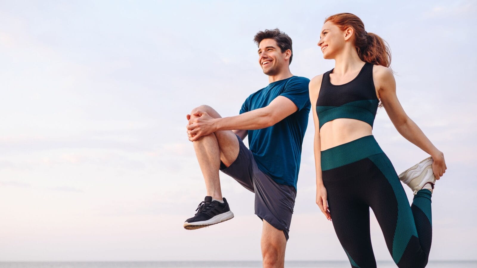 Lower couple young two friend strong sporty sportswoman sportsman