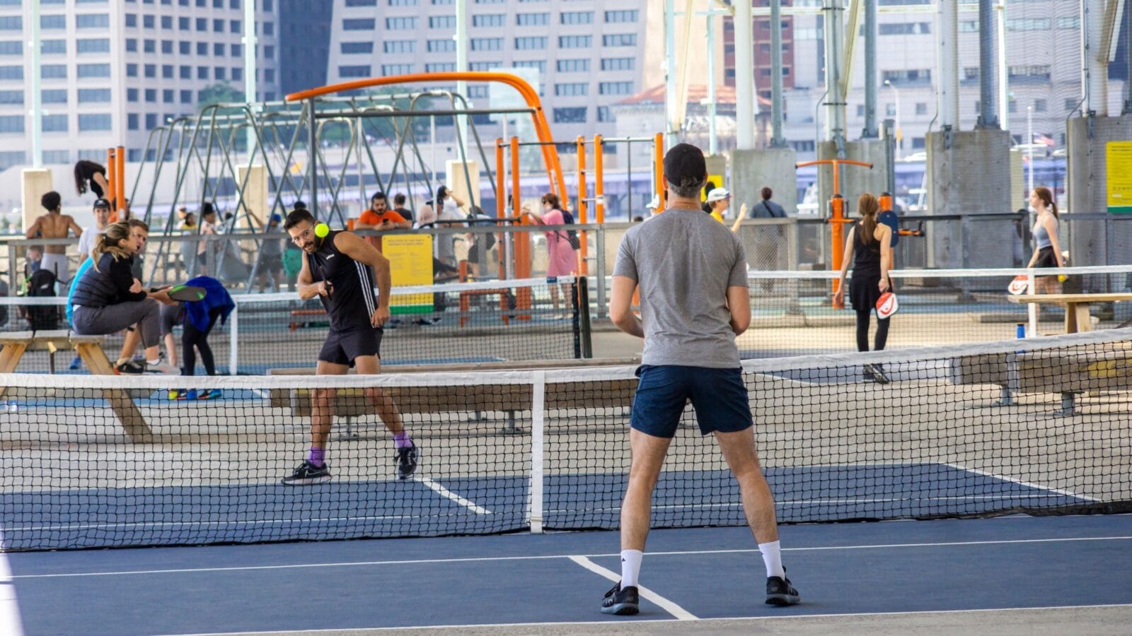 Pickle Ball players in Brooklyn Bridge Park in the Dumbo neighborhood of Brooklyn in New York