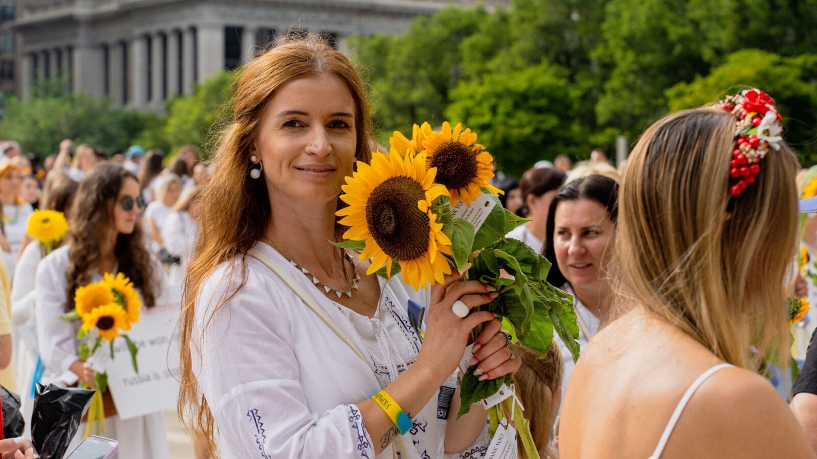 Silent protest of Ukrainian women with sunflowers