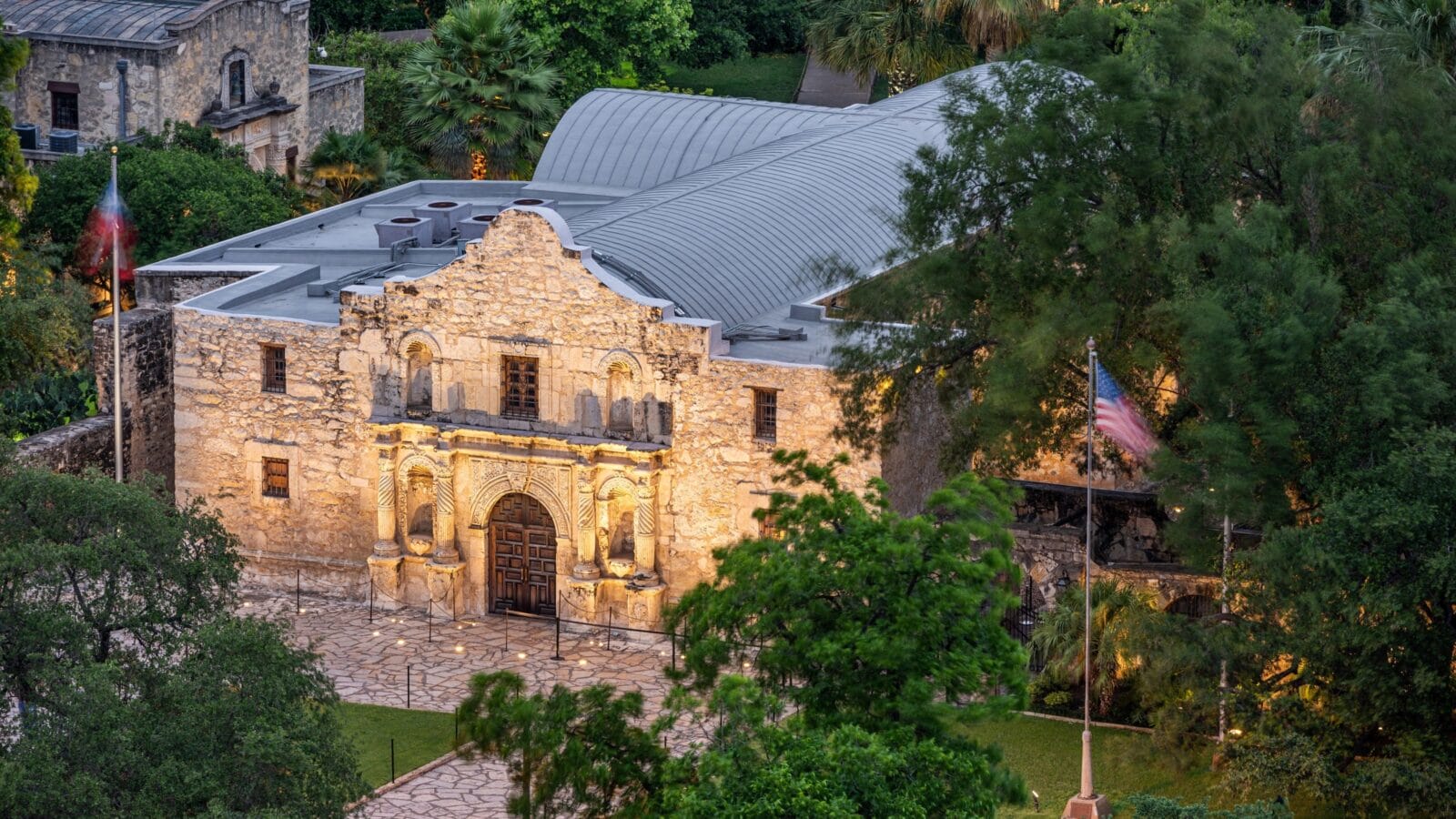 The Alamo in San Antonio, Texas, USA from above at twilight