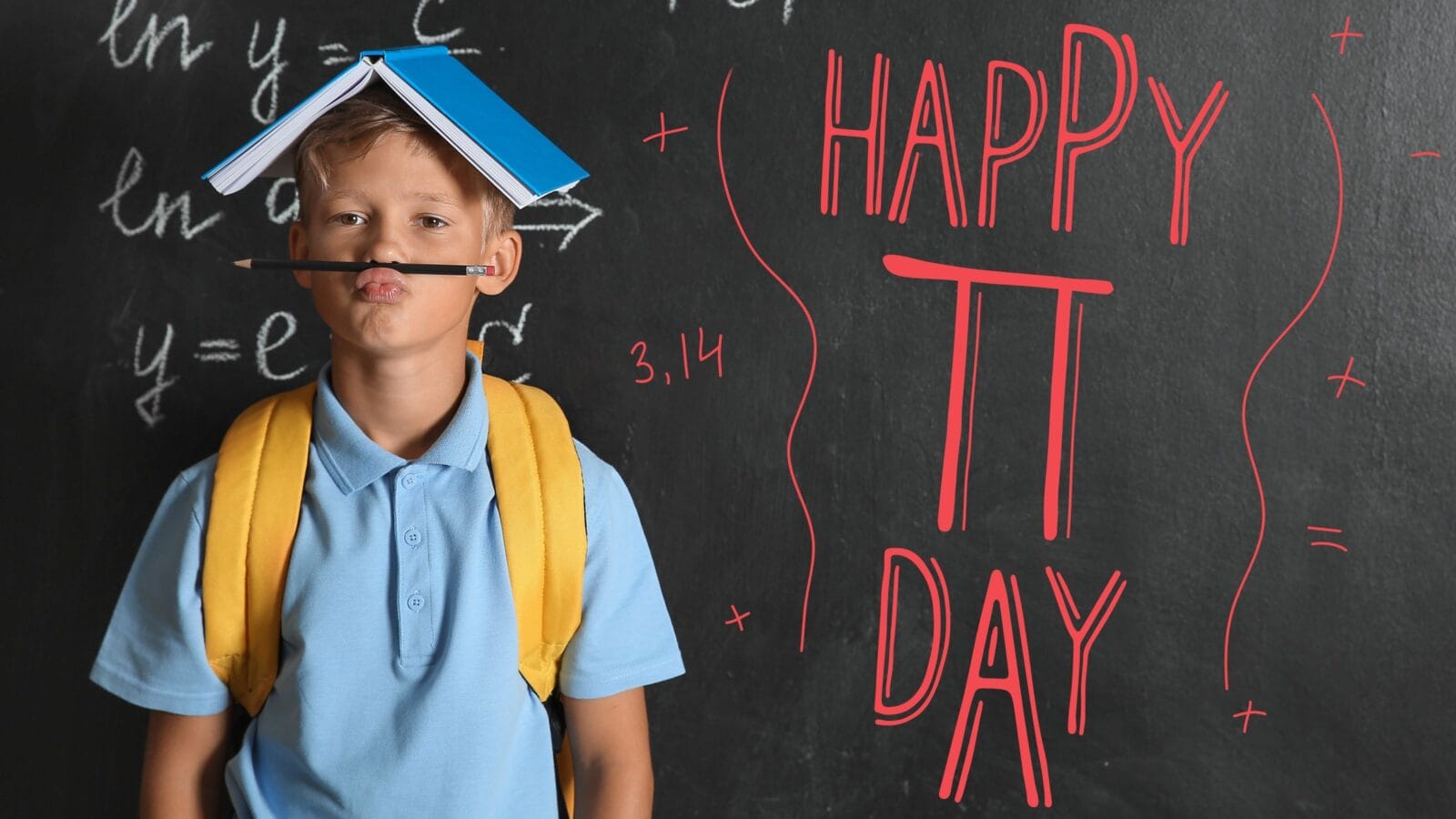 Funny little schoolboy near blackboard. International Pi Day