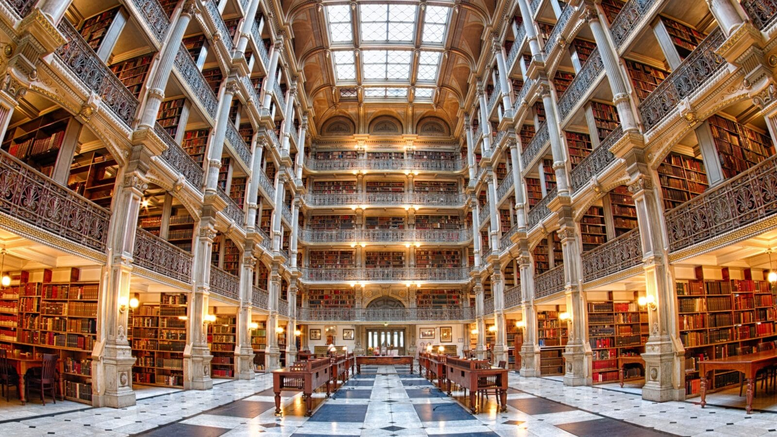 Bookshelf inside Peabody Library a research library for John Hopkins University