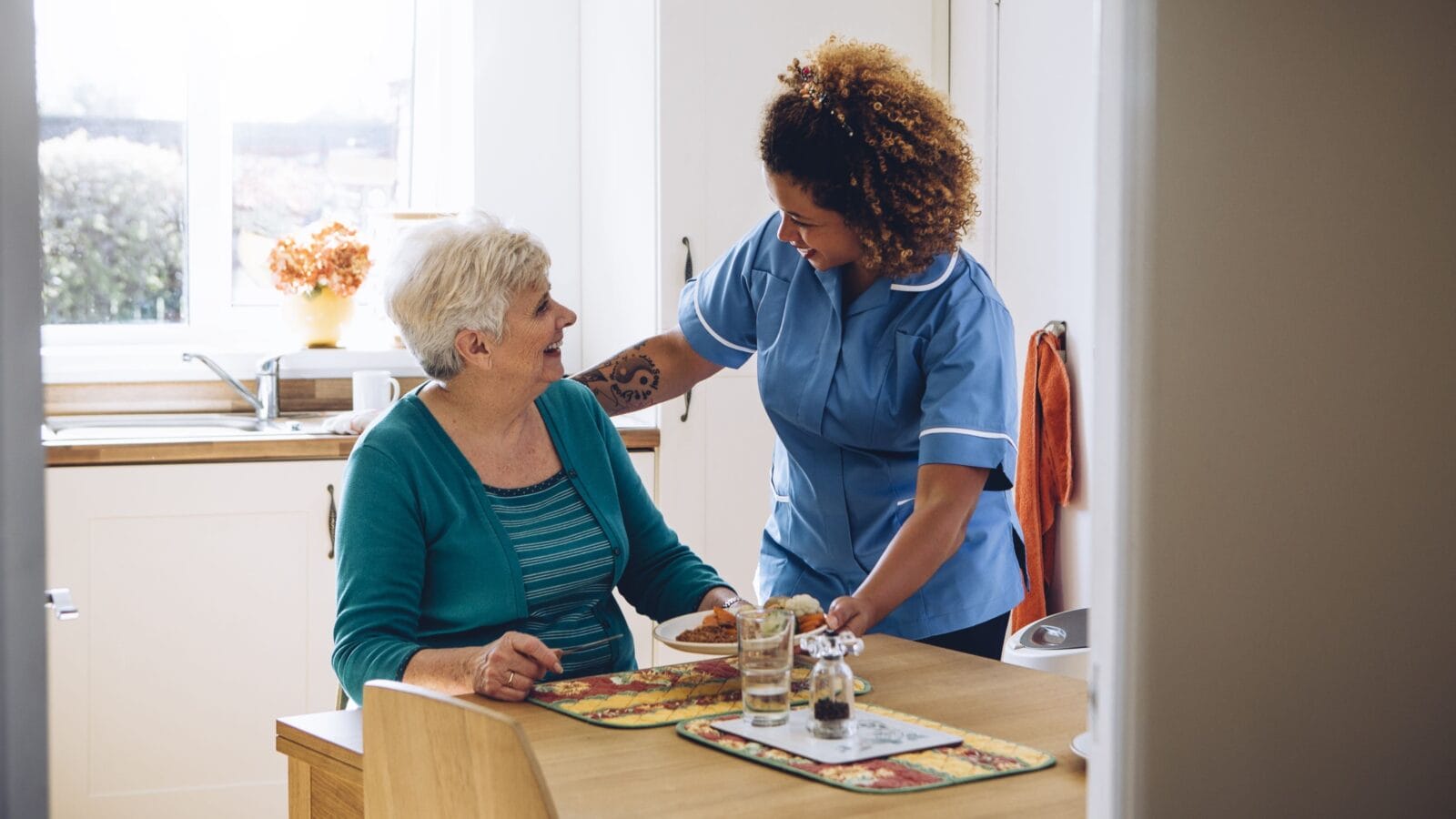 Care worker giving an old lady her dinner in her home