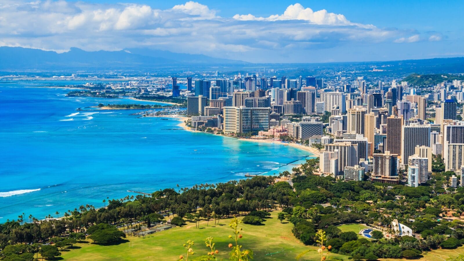 Skyline of Honolulu, Hawaii and the surrounding area including the hotels and buildings on Waikiki Beach
