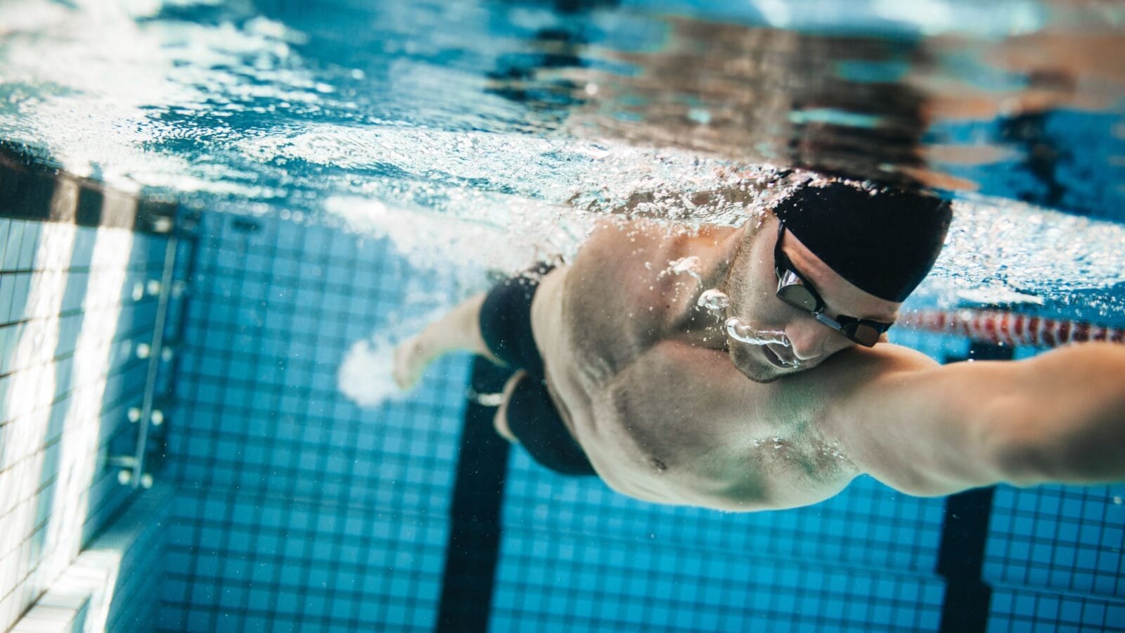 Fit swimmer training in the swimming pool. Professional male swimmer inside swimming pool
