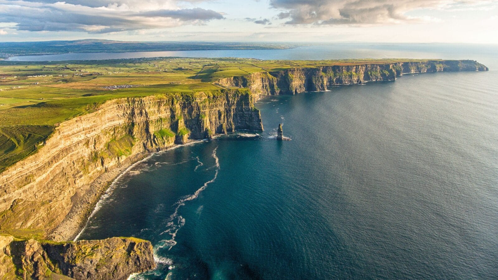 Aerial birds eye drone view from the world famous cliffs of moher in county clare ireland.