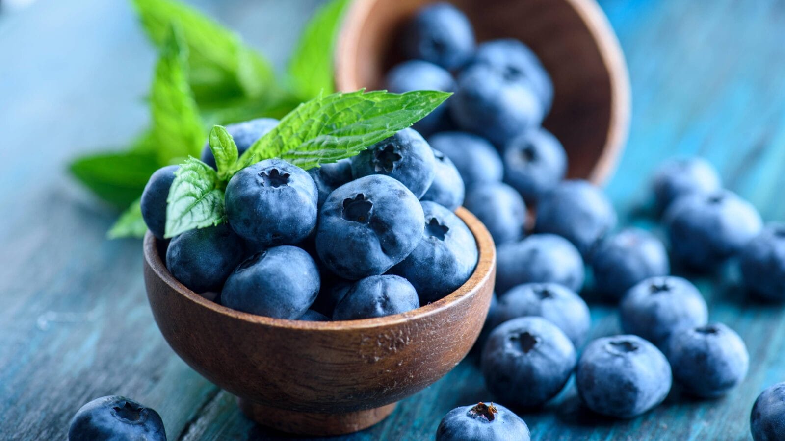 Bowl of fresh blueberries on blue rustic wooden table closeup.