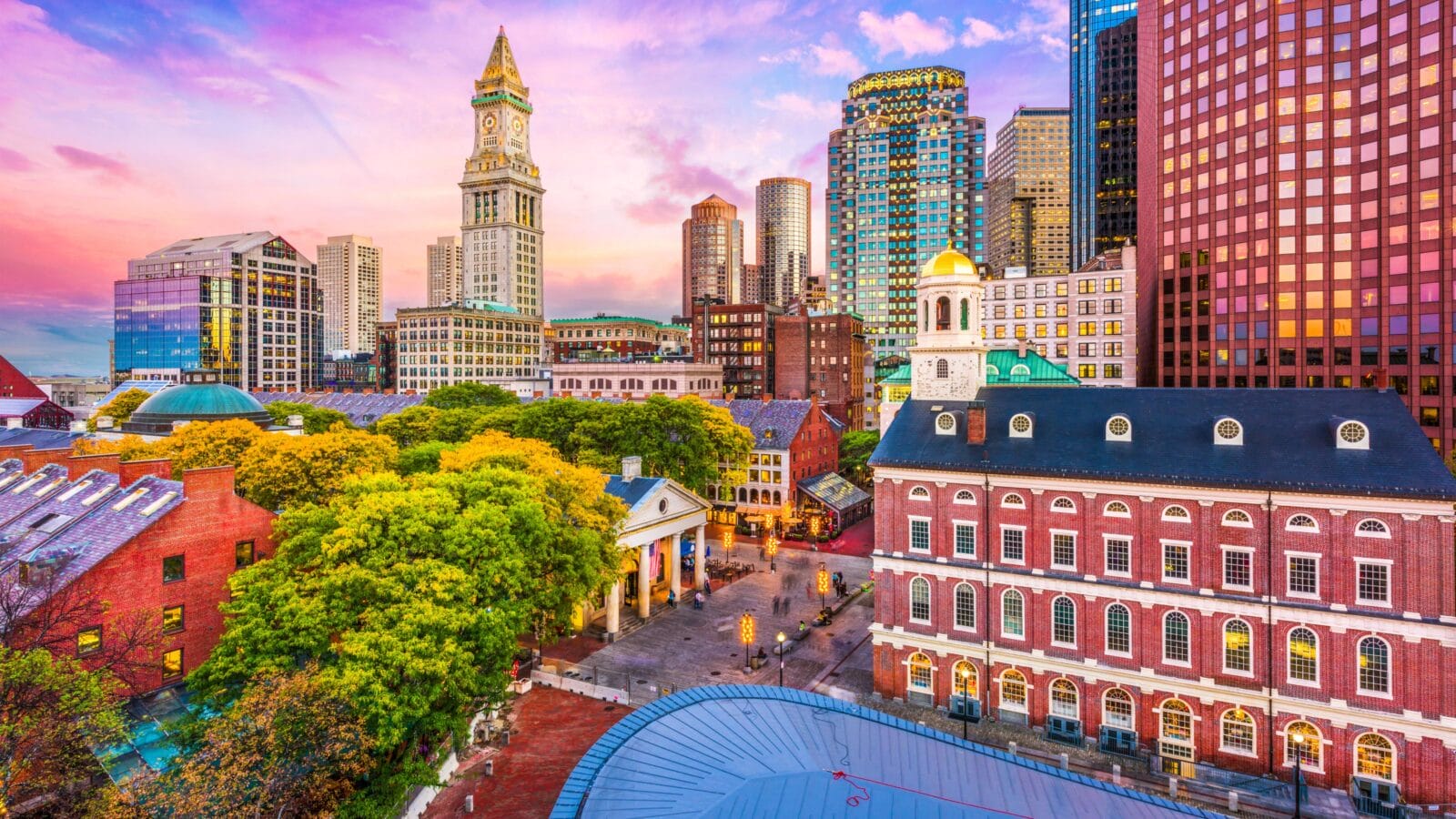 Boston, Massachusetts, USA historic skyline at dusk.