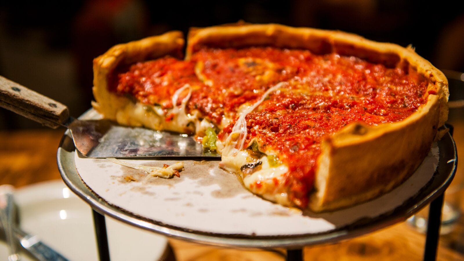 Chicago Style Deep Dish Cheese Pizza with Tomato Sauce.
