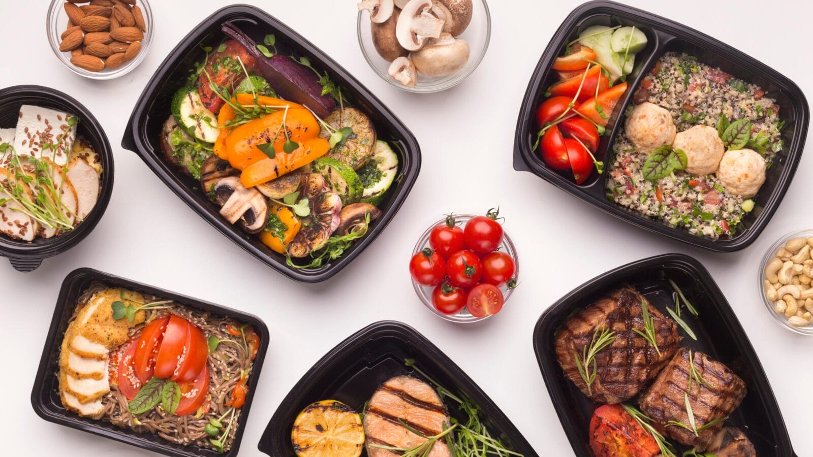 Restaurant healthy food delivery in take away boxes for daily nutrition on white background