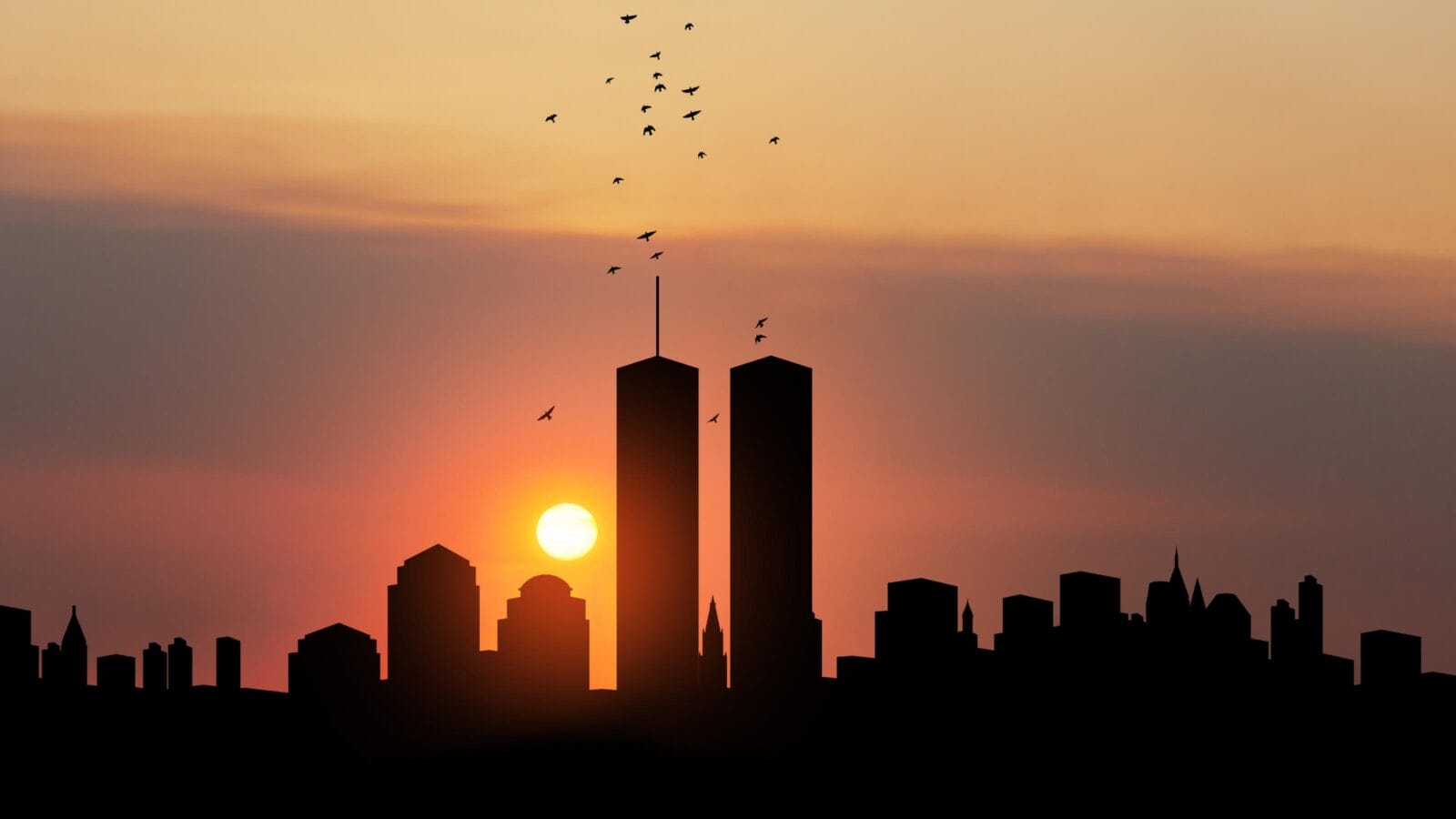 New York skyline silhouette with Twin Towers and birds flying up like souls at sunset.