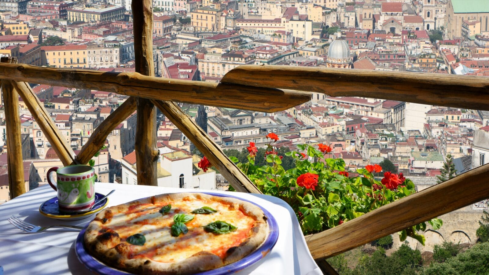 Pizza place terrace with Naples view, Italy
