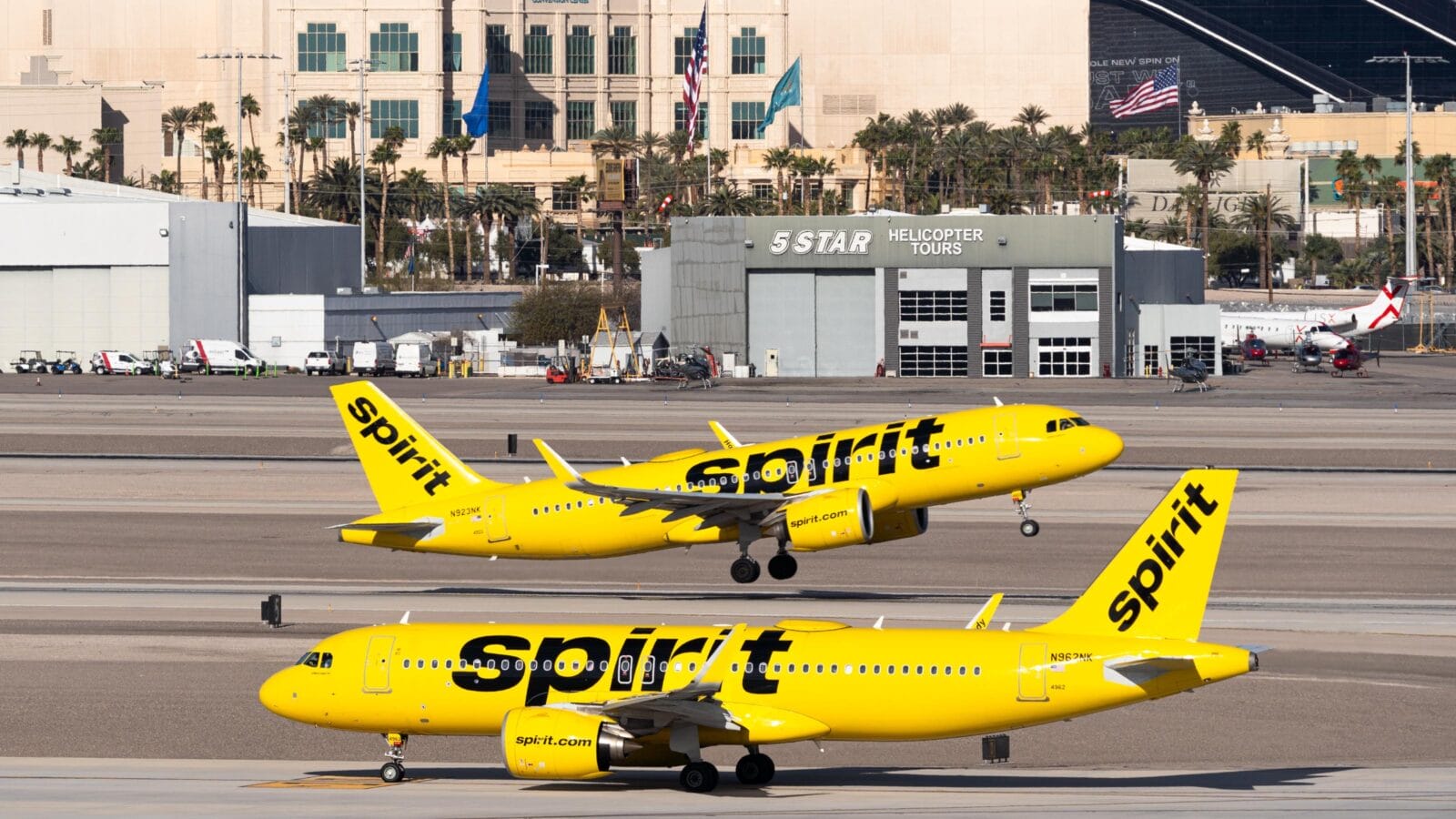 Spirit Airlines Airbus A320s in Las Vegas international airport.