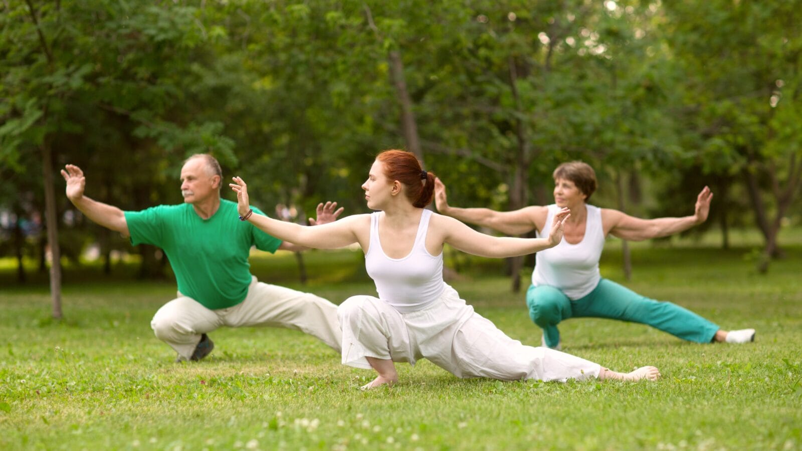 Group of people practice Tai Chi Chuan in a park.