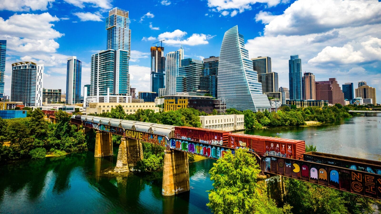 Graffiti Bridge Aerial Drone View over Austin during a Gorgeous Day along the Colorado River