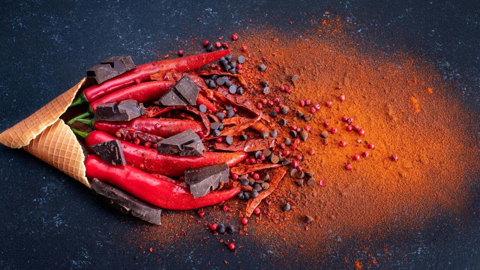 Ice cream cone with red hot chili pepper and chocolate.