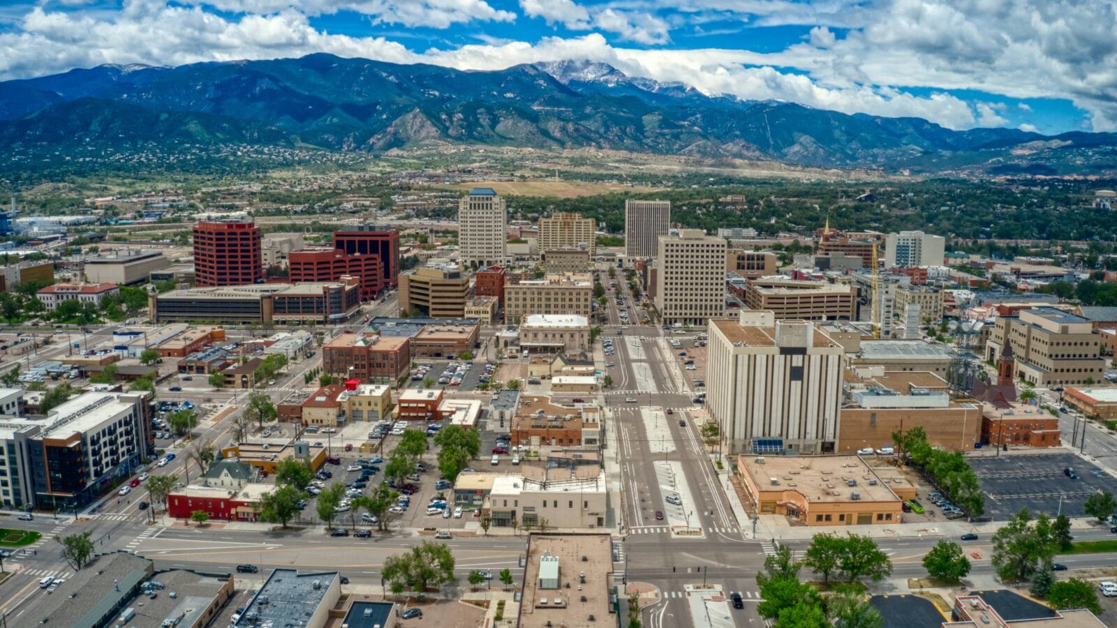 Downtown Colorado Springs with Rocky Mountains and Pike's Peak