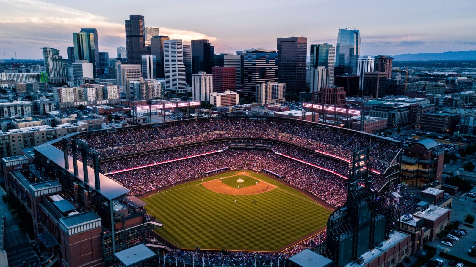 Aerial drone photo - Skyline of Denver Colorado at sunset
