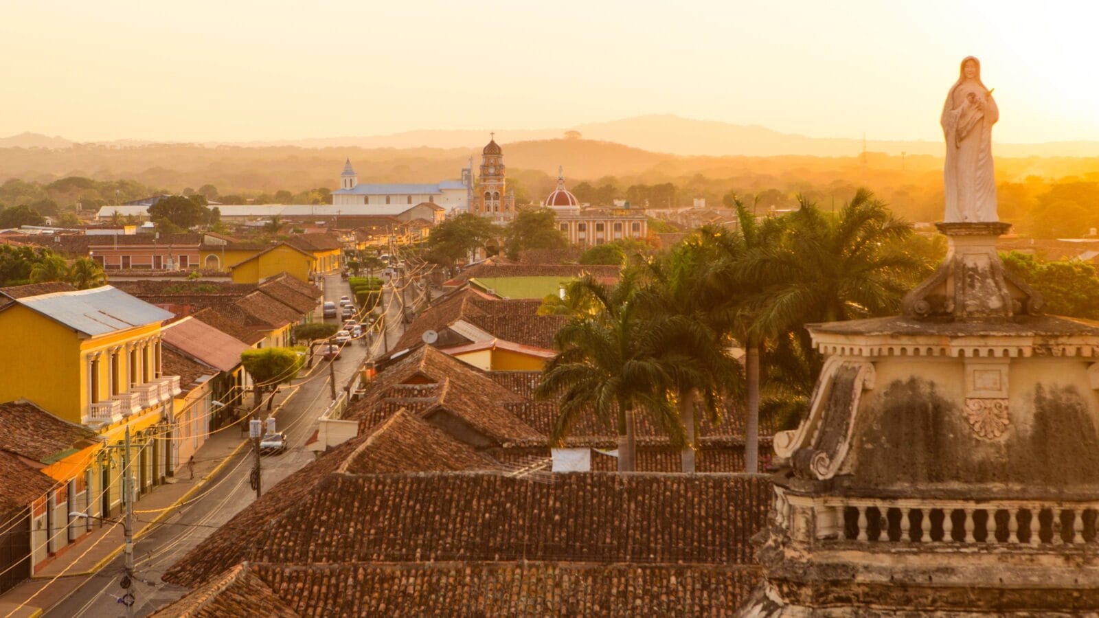 Beautiful cityscape in the golden light of sunset in Granada, Nicaragua, Central America